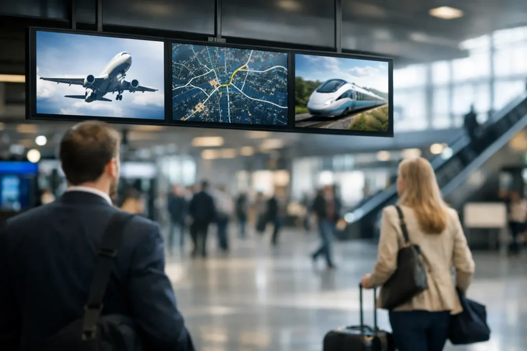 Transport hub digital screens that perform
